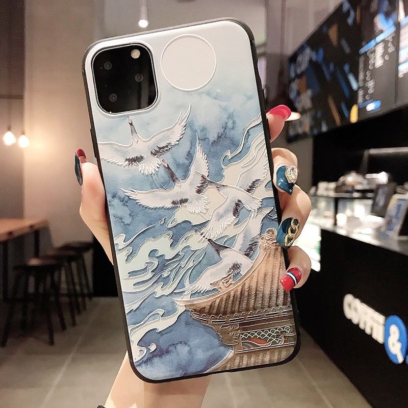 Ốp điện thoại TPU mềm nhám họa tiết chim hạc 3D thời trang thích hợp cho iPhone 13 12 11 Pro X XR XSMax SE 2020 7 8Plus