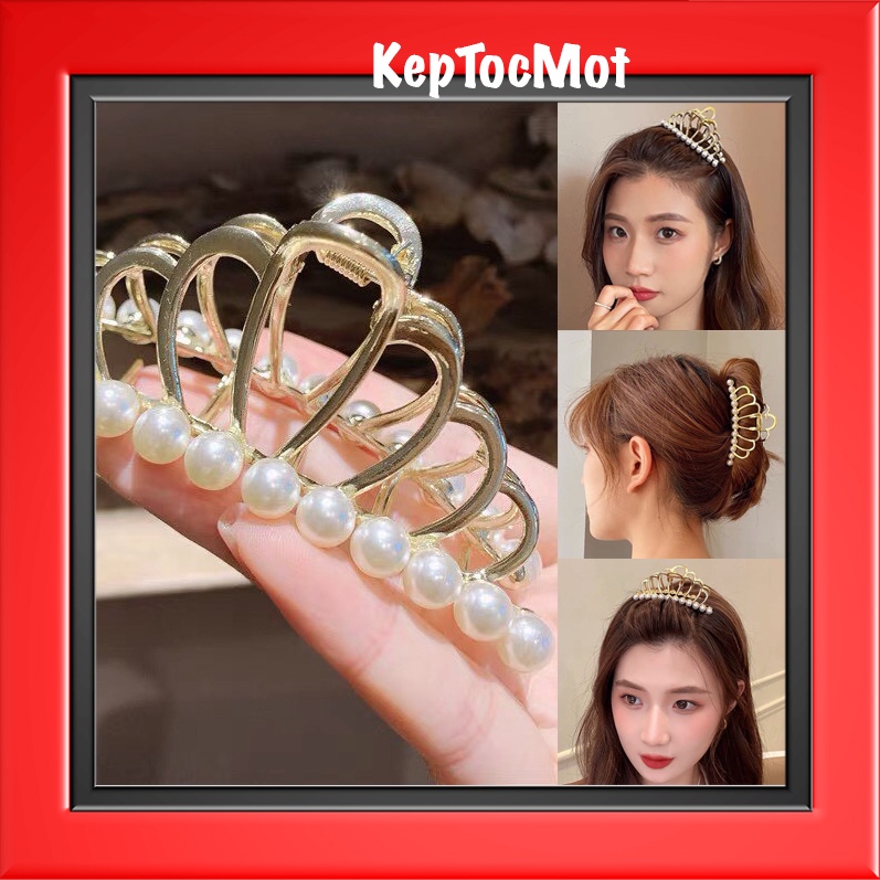 Kẹp tóc kim loại đính đá ngọc size cỡ lớn kiểu vương miện [ KT80 ]