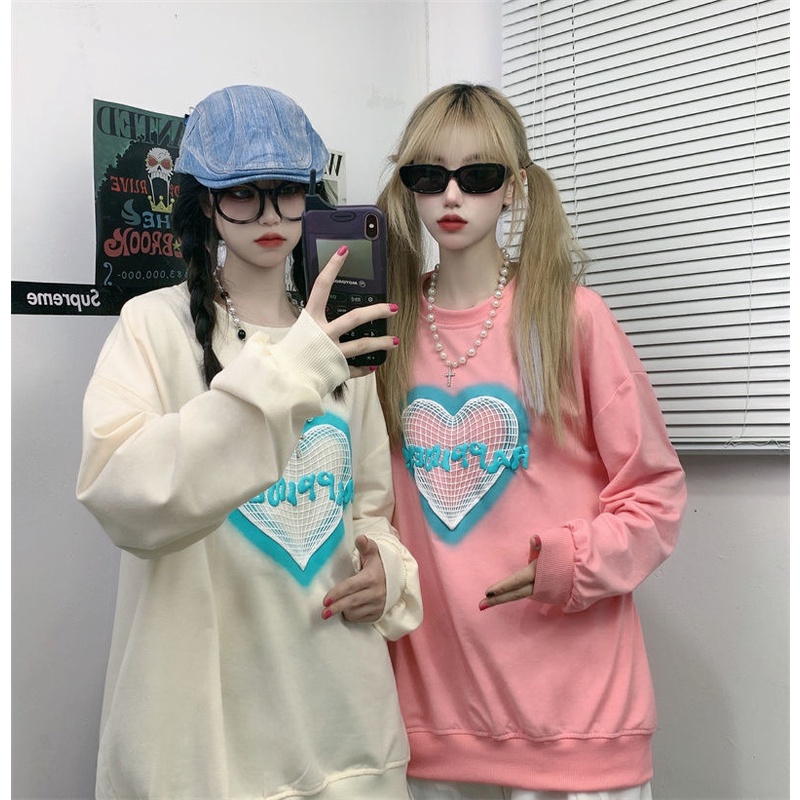 Áo sweater ZHELIHANGFEI tay dài dáng rộng họa tiết trái tim phong cách trẻ trung năng động