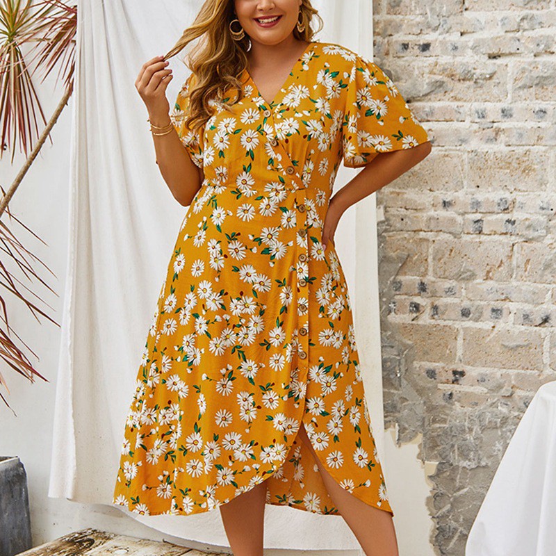 Summer Beach Floral Dress Women Long Dress Ladies Elegant Party Dress Print Oversized Dresses for Women Yellow XL