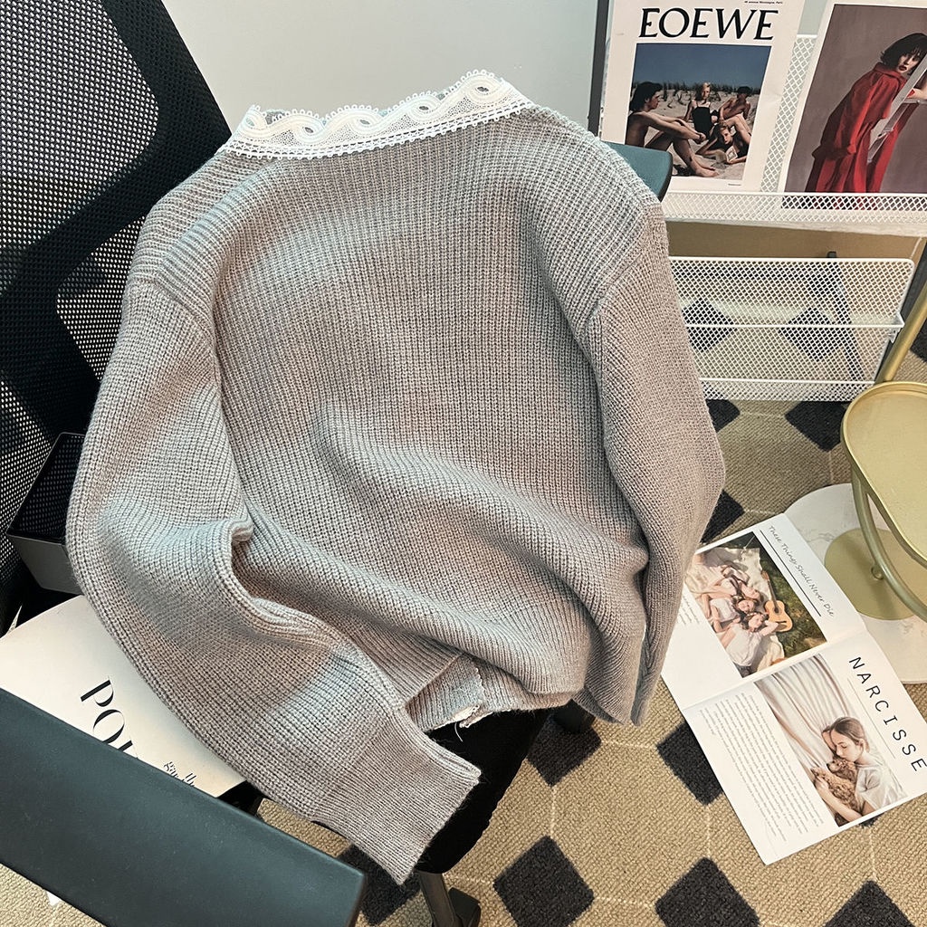 Áo Khoác Cardigan Dệt Kim Mỏng Mềm Mại Cổ Chữ V Phối Ren Thời Trang Xuân Thu Dành Cho Nữ