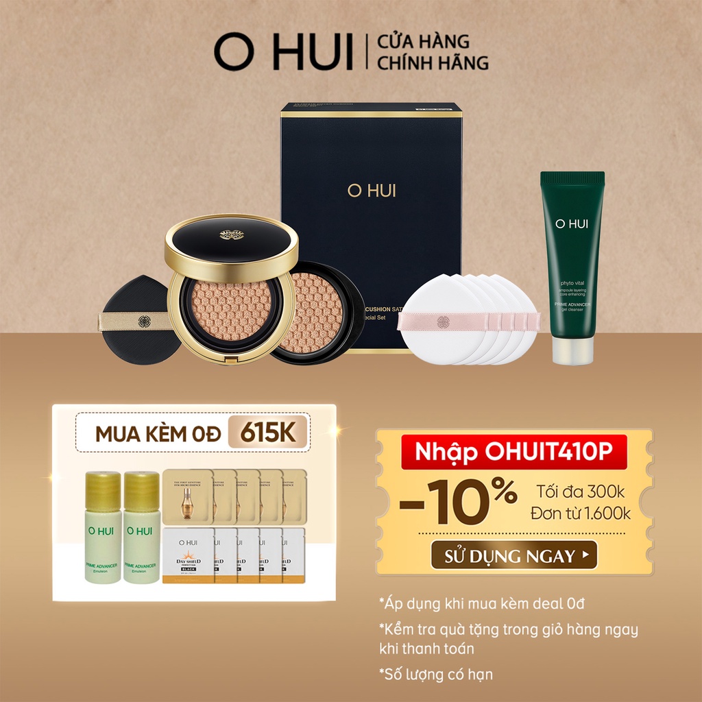 Set Phấn nước che khuyến điểm dưỡng trắng chống lão hóa O HUI Ultimate Cover Cushion Satin Finish- Màu số 01