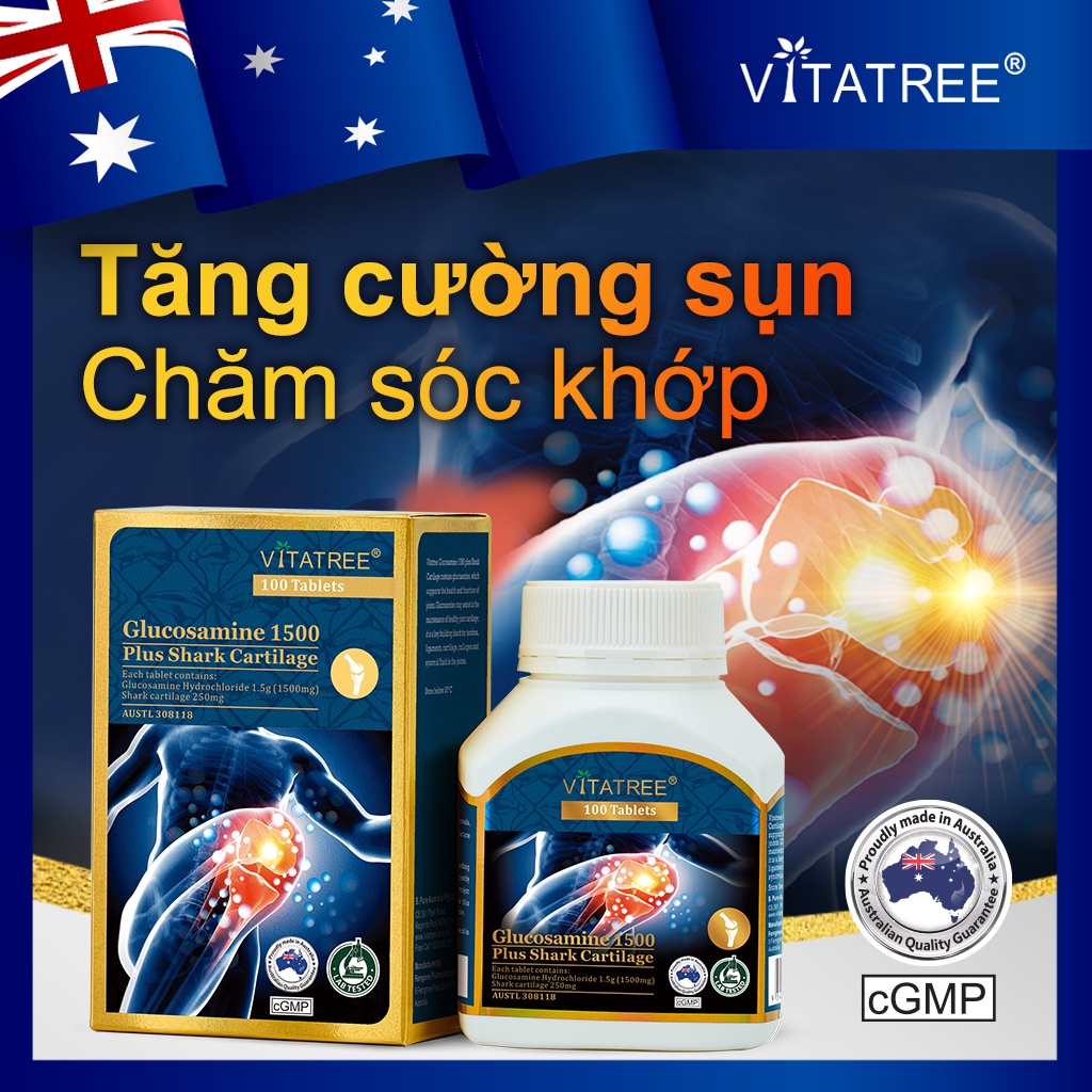 Viên uống bổ khớp, hỗ trợ thoái hóa khớp glucosamine Sụn Cá Mập Vitatree Glucosamine 1500mg Lọ 100 Viên