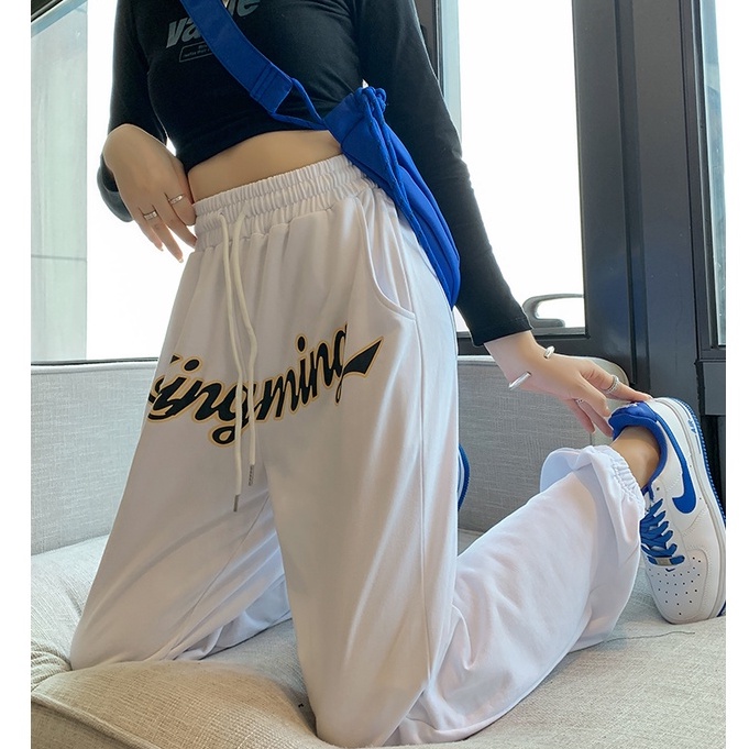 Quần ống rộng Lưng Cao In Chữ Phong Cách retro Mỹ Cho Nữ