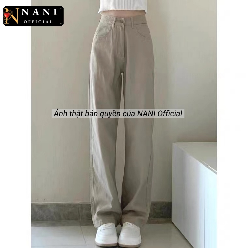 Quần Baggy Nữ NANI Quần Kaki Nữ Ống Rộng Suông Lưng Cạp Cao Bò Jean Thô Trơn Cao Cấp Tôn Hack Dáng Màu Nâu Be