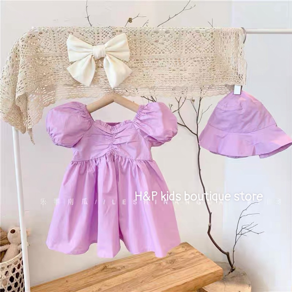 Váy bé gái, váy thô xòe,nhấn ngực, tay bồng, kèm mũ cho bé từ 8-22kg