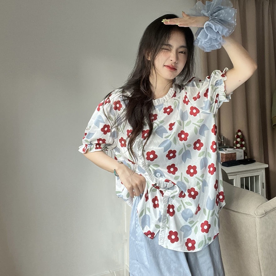 Bộ Đồ Ngủ Hai Mảnh Áo Tay Ngắn Dáng Rộng Vải Mỏng In Hoa Thời Trang Mùa Hè Cho Nữ
