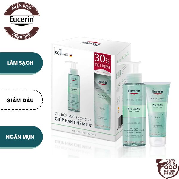 Bộ Dưỡng Làm Sạch Da, Giảm Dầu, Eucerin Pro Acne Set Cleansing Gel 200ml + Scrub 100ml