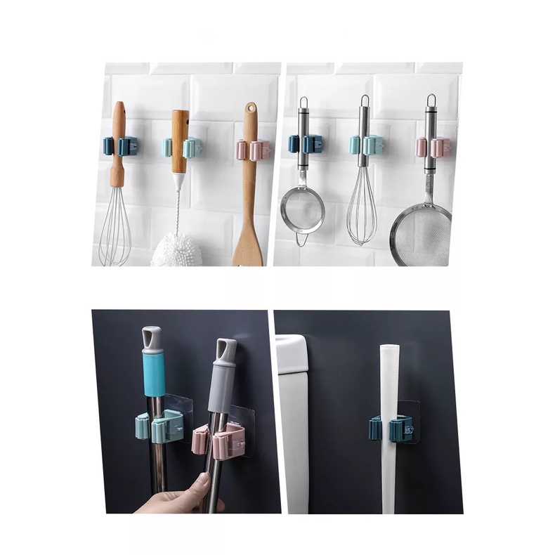 Móc dán tường kẹp giữ cây lau nhà, móc treo chổi, đồ dùng nhà bếp đa năng bằng nhựa ABS chịu trọng lượng lớn, chống nước