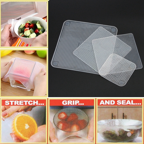 Set 4 tấm màng Silicone bọc kéo căng đậy giữ tươi sạch cho thực phẩm đồ ăn
