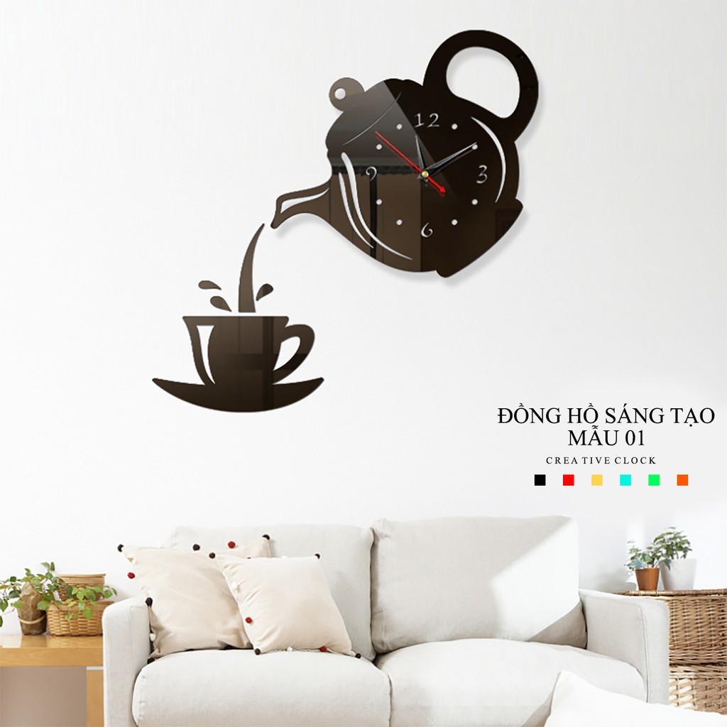 [Mẫu 01 ấm chén] Đồng hồ dán tường mica cao cấp, đồng hồ trang trí decor nhà cửa, quán cà phê, trà đá hình  ấm chén