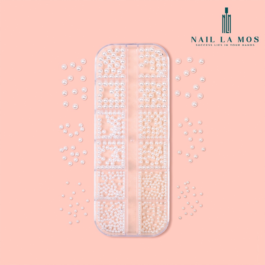 Khay ngọc trai nhân tạo mix size đính móng - Ngọc trai nhựa loại tròn, nửa viên hai màu trắng ngà đính nail sang chảnh