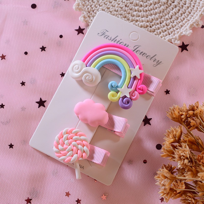 Set 3 Kẹp Tóc Hình Đám Mây / Cầu Vồng / Kẹo Mút Hoạt Hình Dễ Thương Cho Bé Gái