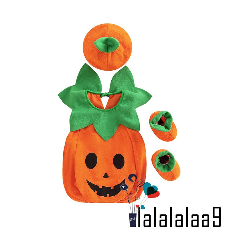La-baby Set Áo Liền Quần Cổ Tròn Không Tay Hình Bí Ngô + Mũ + Giày Cho Bé