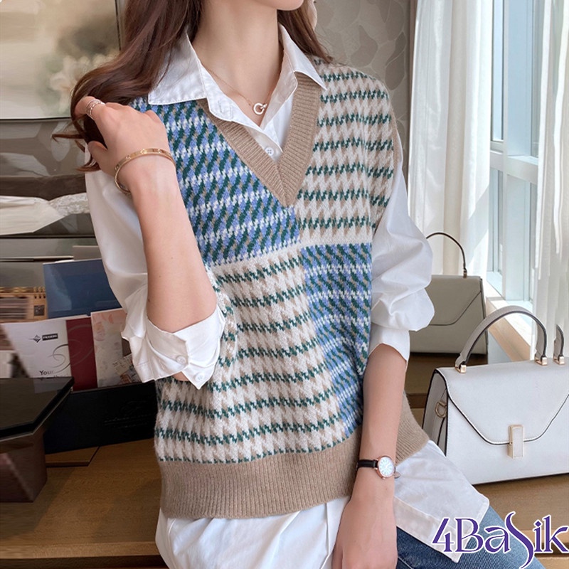 Áo gile nữ 4BASIC, áo len chất dày dặn họa tiết ziczac phối màu phong cách Hàn Quốc siêu xinh - Len01