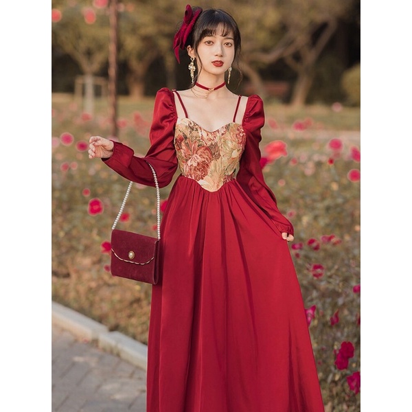 Váy vintage tiểu thư lụa đỏ phối vải bố