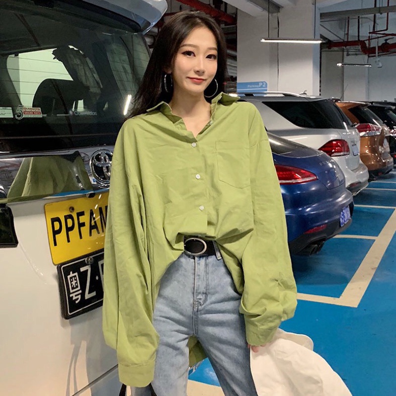 Sơ mi nữ quảng châu màu xanh cốm, áo sơ mi thời trang nữ vải cotton mềm mại dễ phối đồ