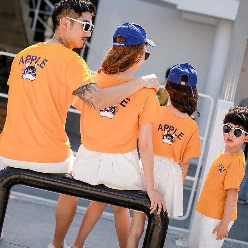 Set đồ gia đình  Áo gia đình tông màu CAM in hình động vật ngộ nghĩnh kèm chữ APPLE