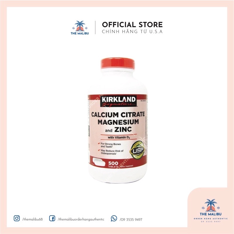 Viên uống Kirkland Calcium Citrate Magnesium and Zinc 500v Mỹ