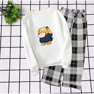 Sét Bộ Đồ Quần Áo Nữ Đẹp Giá Rẻ ,Cute Gồm Áo Phông Dài Tay Bo Tay In Hình Chú Vịt Bối Rối Kèm Quần Kẻ Thô & Jogger Kaki
