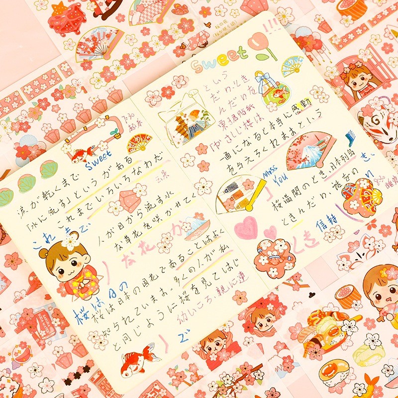 Set 04 tờ stickers ánh kim đáng yêu bé gái Nhật bản hoa sakura anh đào sẵn hàng siêu rẻ