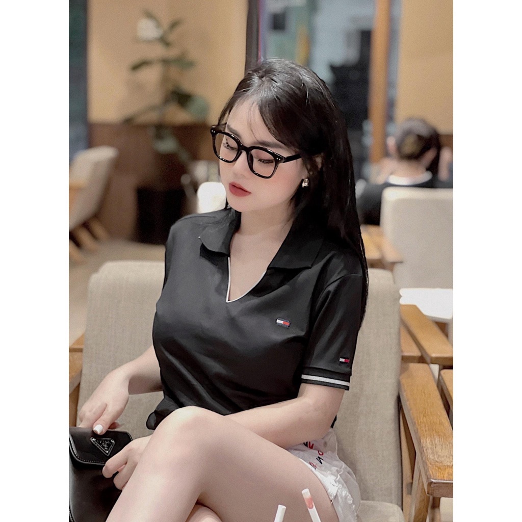 Áo thun nữ polo cổ V phối màu vải cá sấu mền mát, áo phông nữ cộc tay lỡ cổ bẻ cá tính