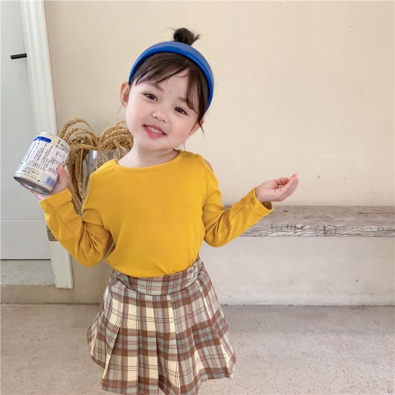 Áo Cotton Trễ Vai Dài Tay Màu Trơn Cho Bé Gái