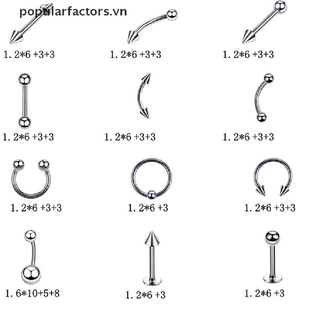 Bộ 60 Khuyên Xỏ Mũi / Chân Mày / Môi / Cơ Thể Bằng Thép