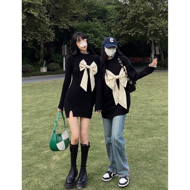 Áo len dáng rộng/ đầm dệt kim đính nơ kiểu Hàn Quốc dễ thương