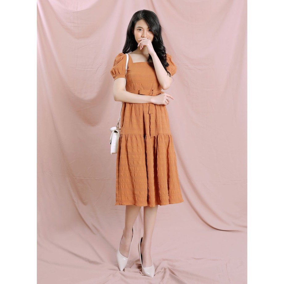 Đầm nữ cổ vuông, tay bồng, thắt nơ eo, thiết kế cao cấp TK FASHION DK911