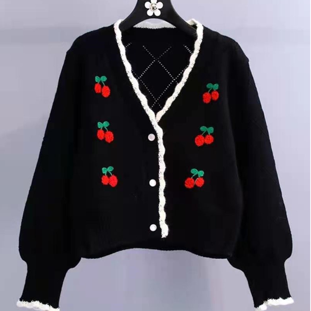Áo khoác cardigan dệt kim tay dài in họa tiết quả cherry ngọt ngào
