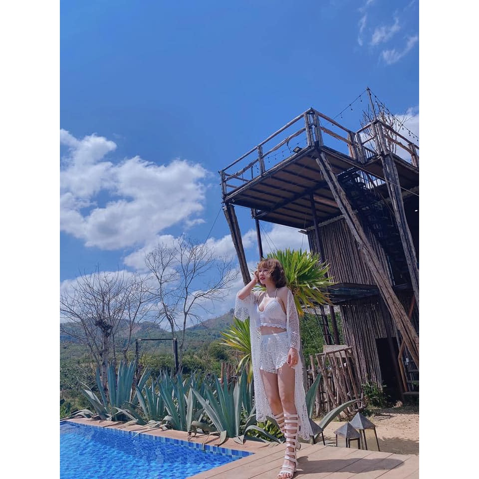 Sét bikini 3 món len móc Hà Hồ (khoác dài, màu trắng) | BigBuy360 - bigbuy360.vn