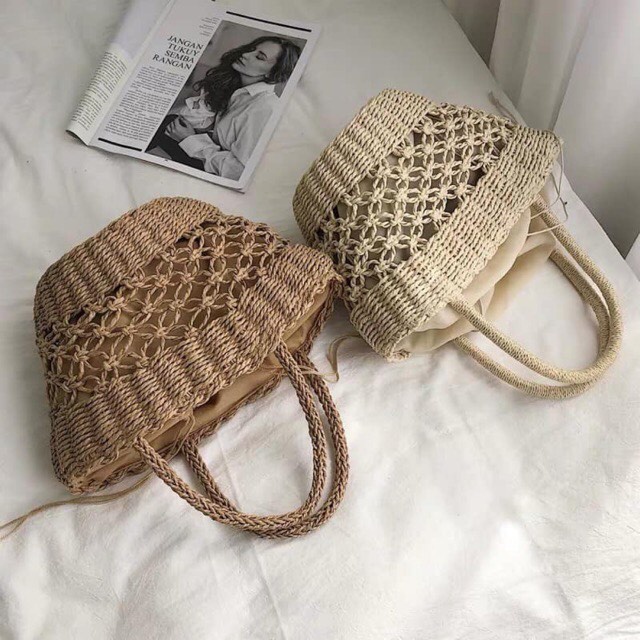 Túi cói cầm tay đan thưa - hoa văn đồng tiền - phong cách Vintage