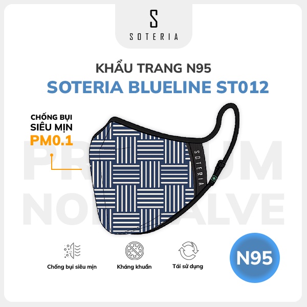 Khẩu trang thời trang Soteria Blueline ST012 - N95 lọc 99% bụi mịn 0.1 micro - Size S,M,L