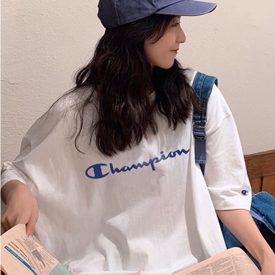 Aó phông champion logo to, áo thun unisex basic, chất cotton thoáng mát form rộng, Dorystore.