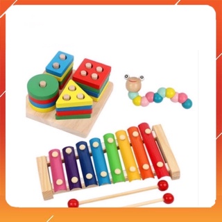 Combo 3 món đồ chơi gỗ thông minh thả 4 trụ - đàn - sâu gỗ