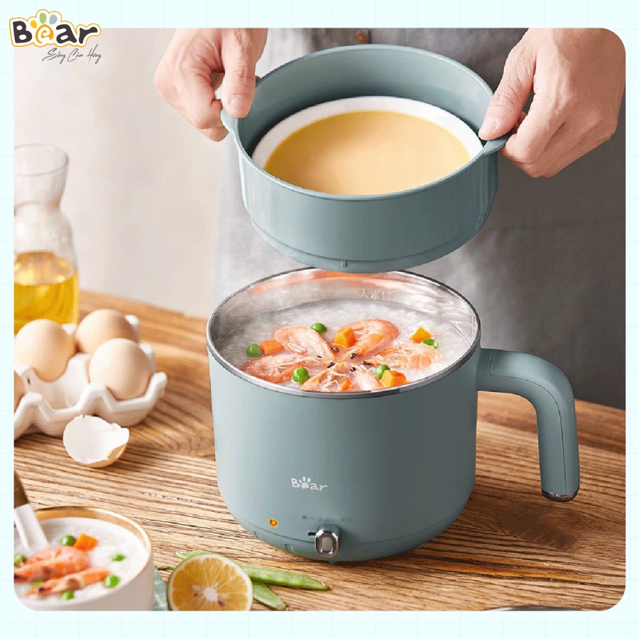 Nồi lẩu mini đa năng 2 tầng gia đình Bear DRG C12R5, 1.2L, 600W, ca nấu mì, chiên, xào, hấp, phủ lớp chống dính, BH 12th