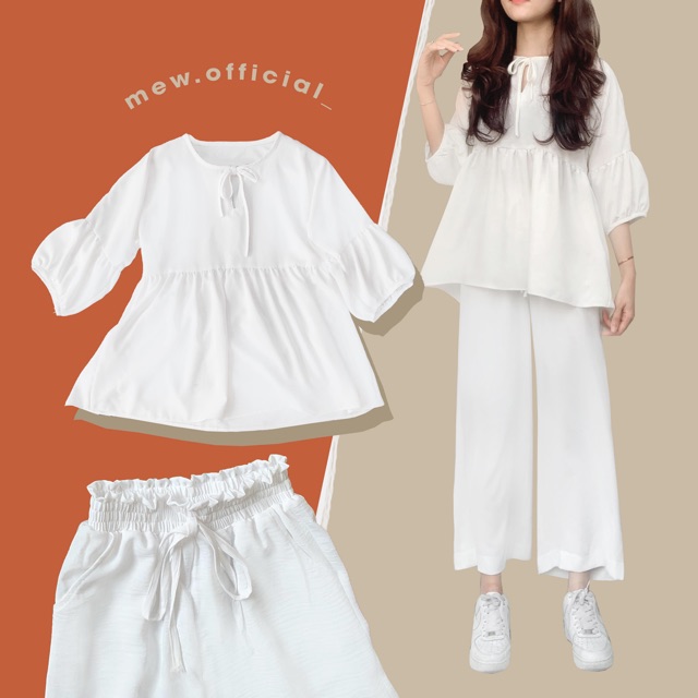 Set Áo Babydoll và Quần ống rộng cạp chun, ảnh thật