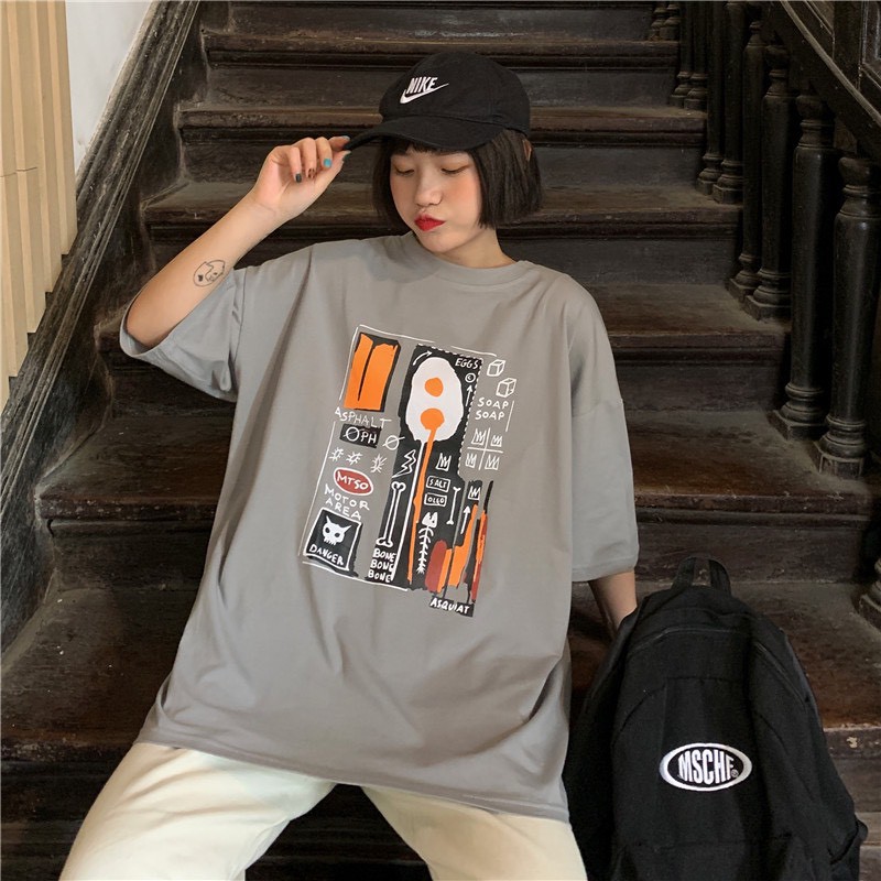 Áo Thun In Xương Cá 2 Màu Xám, Hồng - Áo thun tay lỡ form rộng Unisex 38-65kg Nam Nữ  [VIDEO+ẢNH THẬT]