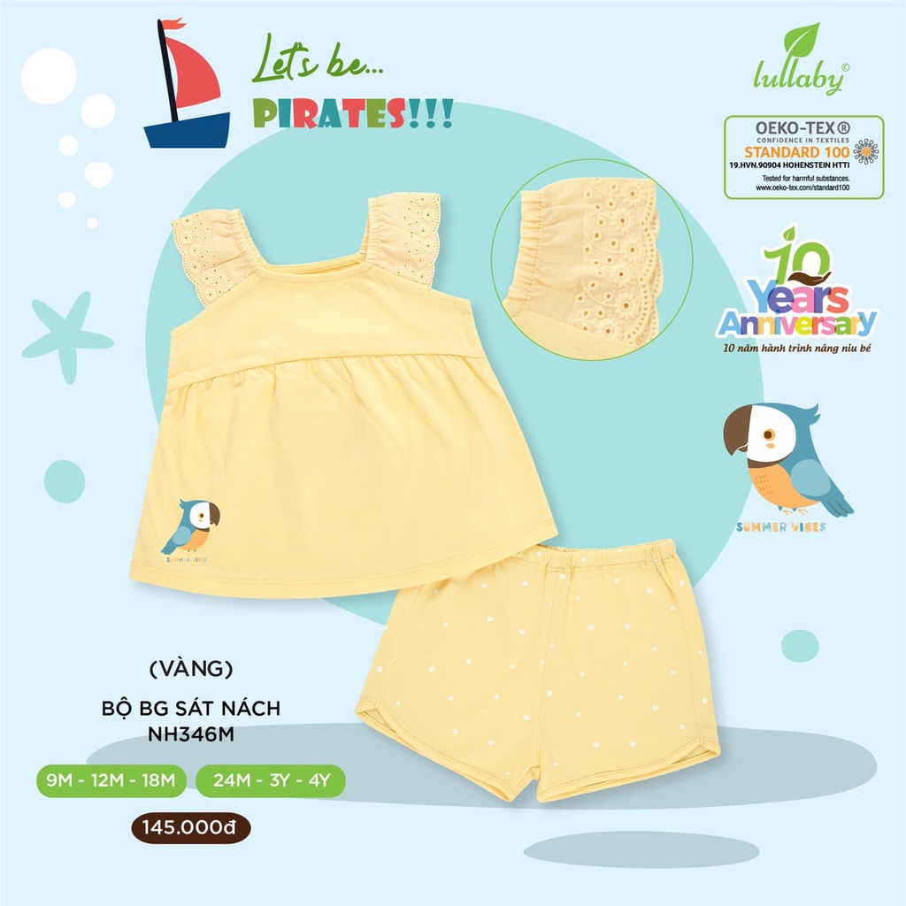 Bộ cộc tay vải Cotton mới nhất LULLABY hai dây cánh tiên đẹp cao cấp thấm hút tốt cho bé gái NHT03B NH346M