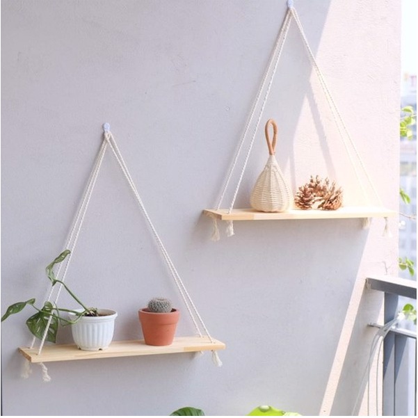 Kệ gỗ treo tường decor trang trí có dây phong cách retro