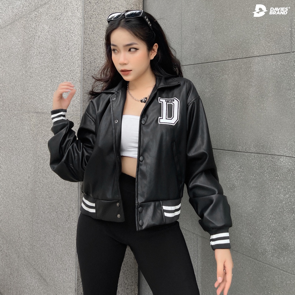 Áo khoác da nữ dáng ngắn local brand Davies Leather Cropped Varsity Jacket