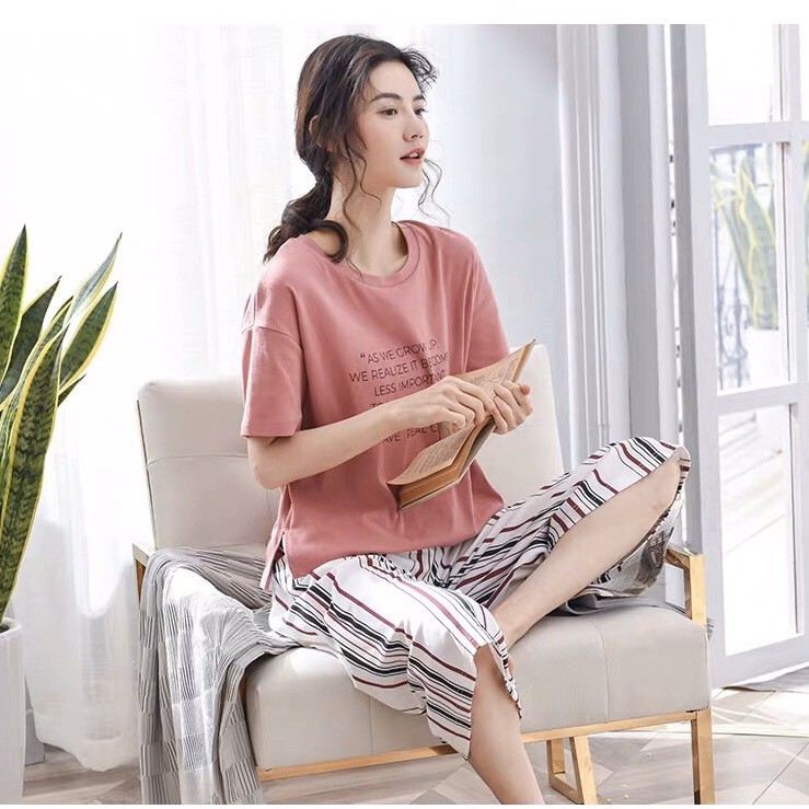 Bộ lửng mặc nhà cotton in chữ quần kẻ