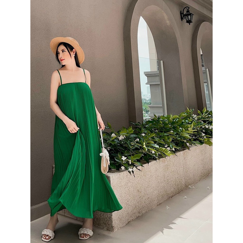 Đầm suông hai dây dáng dài xếp ly, đầm bầu, đầm maxi