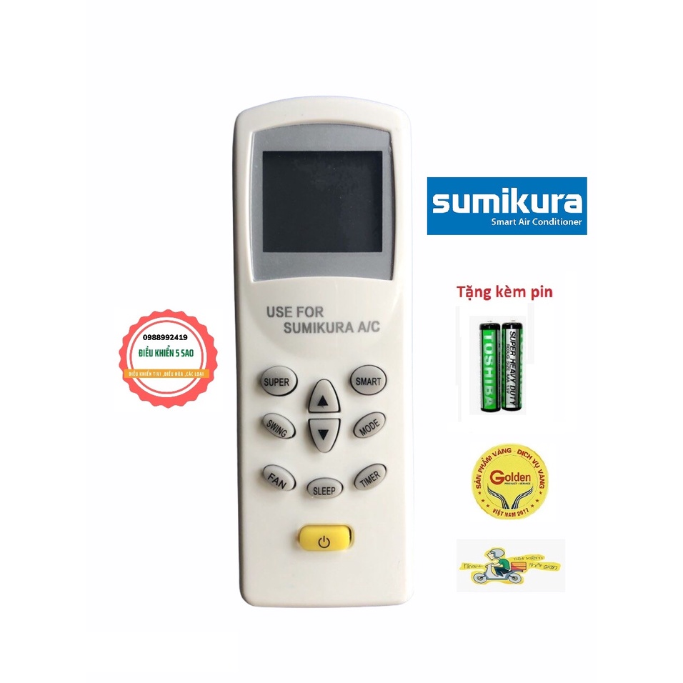 Điều khiển điều hòa Sumikura 1 nút vàng dùng cho 1 chiều và 2 chiều loại tốt thay thế khiển zin theo máy - Tặng kèm pin