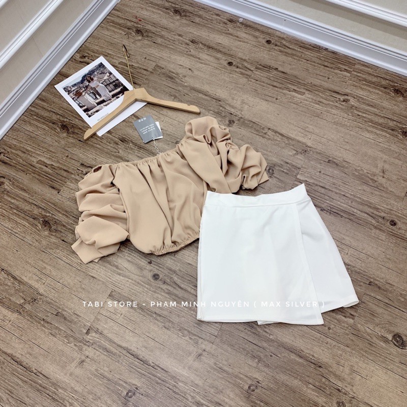 Set áo dưới 55kg tabistore -voan vàng rúm tay và váy đũi kaki trắng