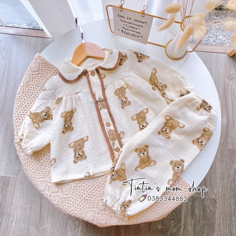 Bộ dài tay cho bé gái vải xô muslin hoạ tiết gấu 7-15kg