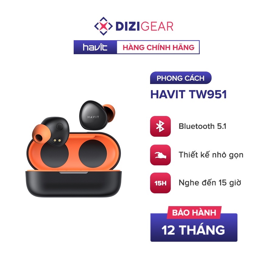 Tai Nghe True Wireless HAVIT TW951, Bluetooth 5.1, Điều Khiển Cảm Ứng, Nghe Đến 15H - Chính Hãng BH 12 Tháng Dizigear