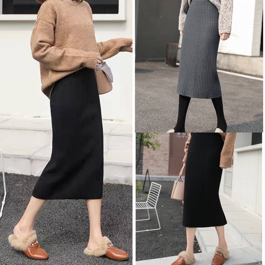 Chân váy len tăm dáng siêu dài qua gối