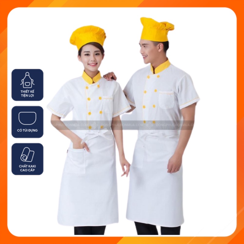 Áo đầu bếp vải kaki đẹp - Áo phối màu trắng vàng nổi bật - Cổ tàu, 2 hàng cúc ngực - Phù hợp trong nhà hàng, khách sạn
